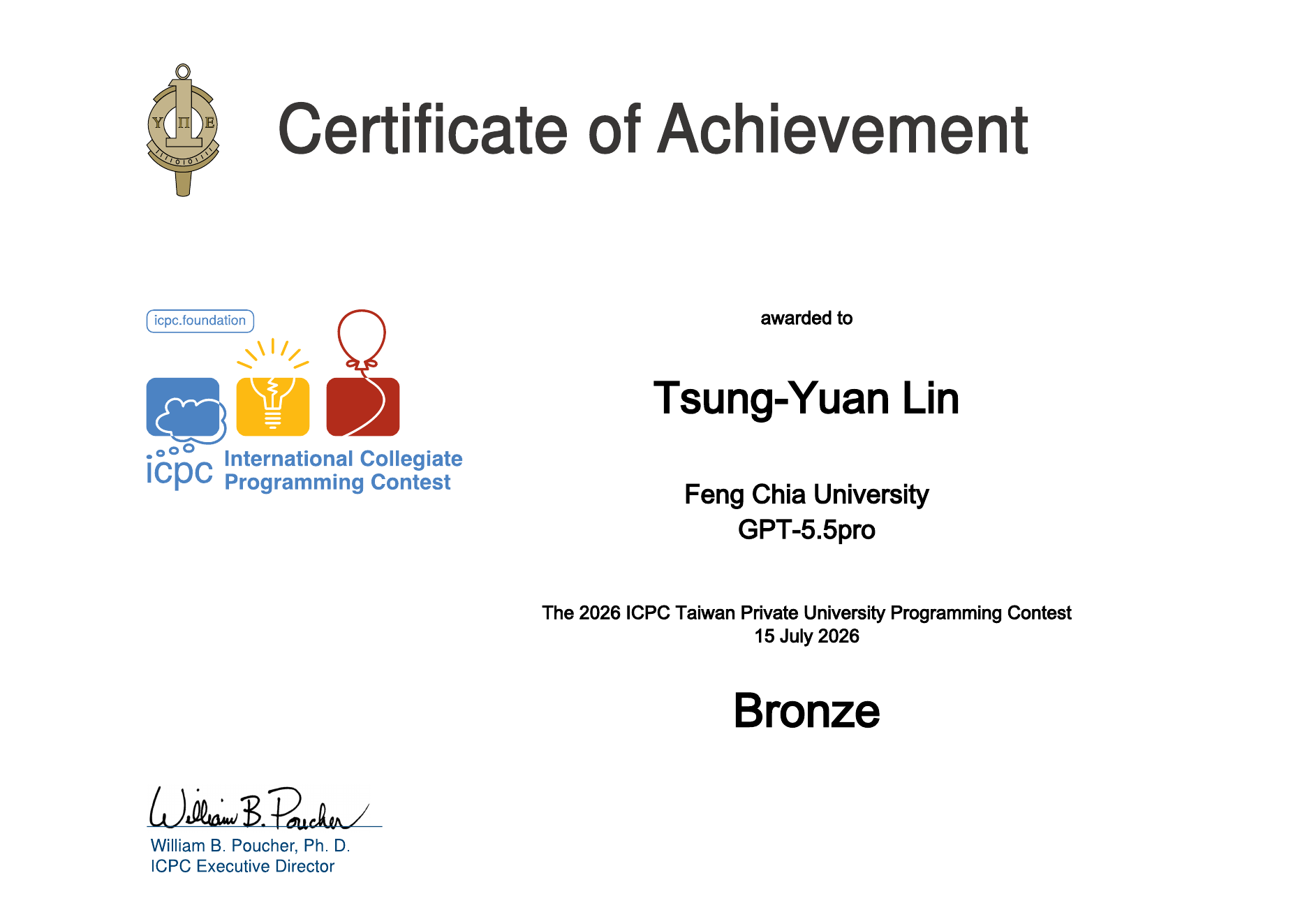 2026 ICPC Taiwan Private University Programming Contest bronze certificate