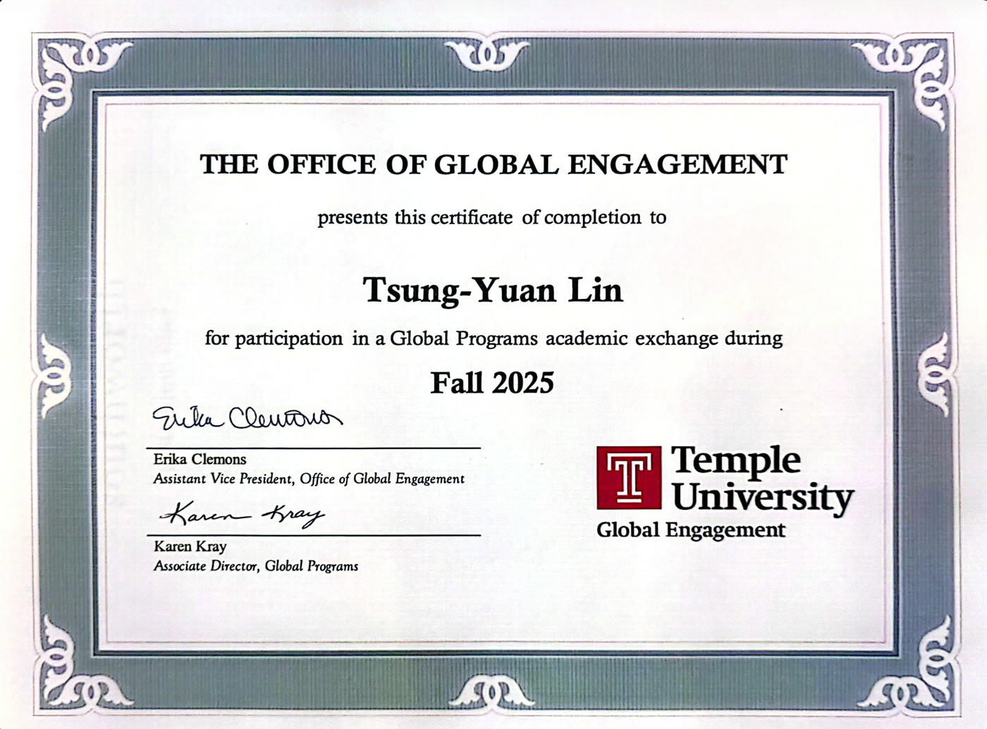 Temple University global exchange completion certificate